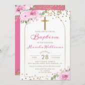 Invitation Arch rose Floral Parties scintillant or fille Bapt (Devant / Derrière)