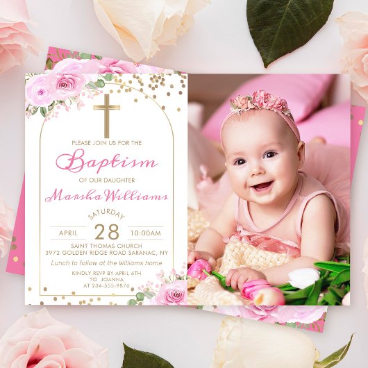 Invitation Arch rose floral Parties scintillant or fille Bapt