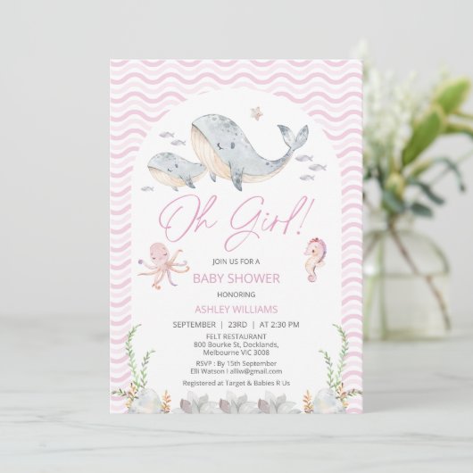 Invitation Arch Rose Oh Girl sous le Baby shower de mer (Debout devant)