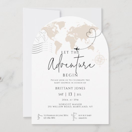 Invitation Arch World Map voyage aventure commence baby showe (Devant)