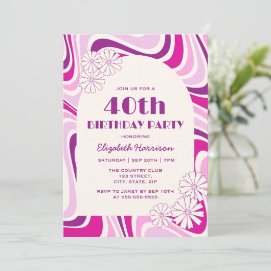 Invitation Arche à fleurs rétro violet rose violet Anniversai (Debout devant)