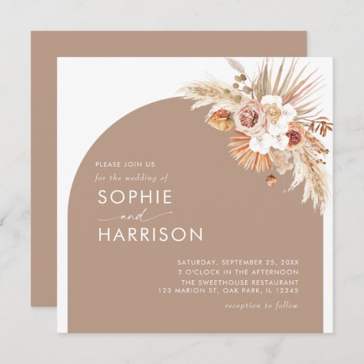 Invitation Arche à fleurs séchées Boho Pampas Carré Mariage e (Devant / Derrière)