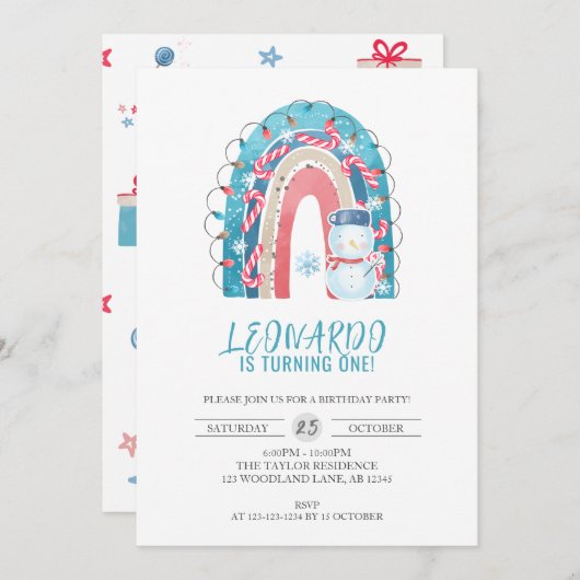 Invitation Arche arc-en-ciel d'hiver, Noël 1er anniversaire (Devant / Derrière)