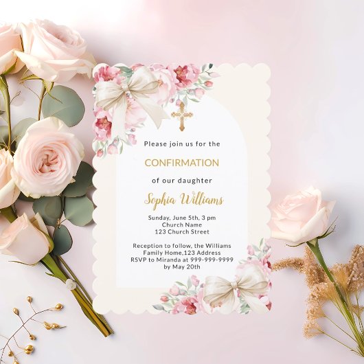 Invitation Arche arc rose beige floraux Confirmation