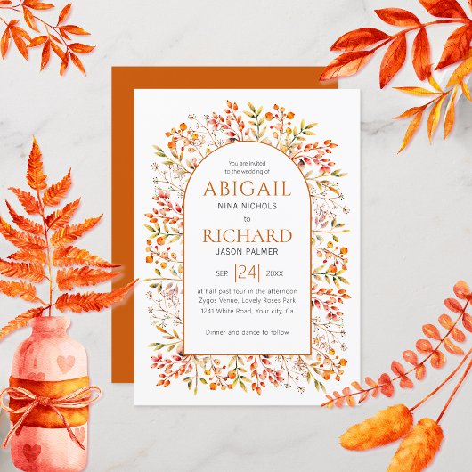 Invitation Arche avec feuilles et baies brûlé mariage orange