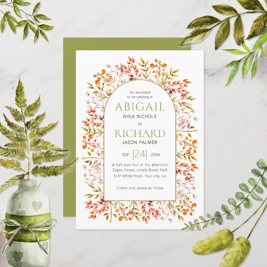 Invitation Arche avec feuilles et baies mariage vert olive