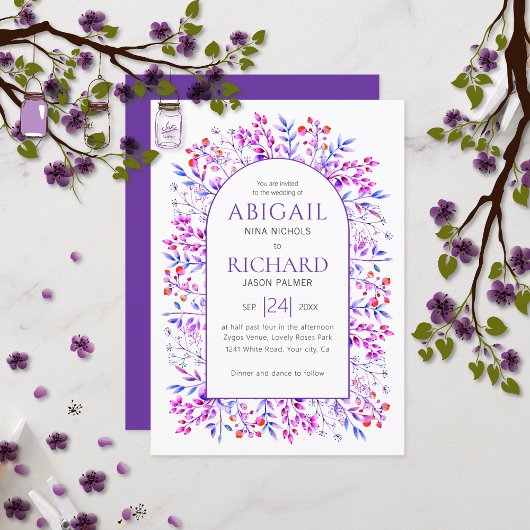 Invitation Arche avec feuilles et baies violet mariage d'hive