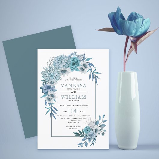 Invitation Arche avec fleurs bleues turquoises et mariage feu