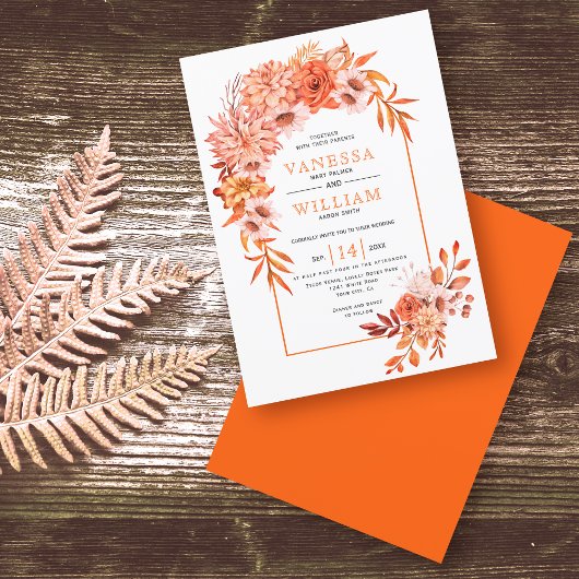 Invitation Arche avec fleurs orangées mariage de automne fleu