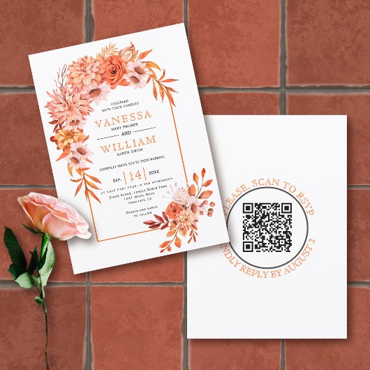 Invitation Arche avec fleurs oranges Code QR mariage de autom