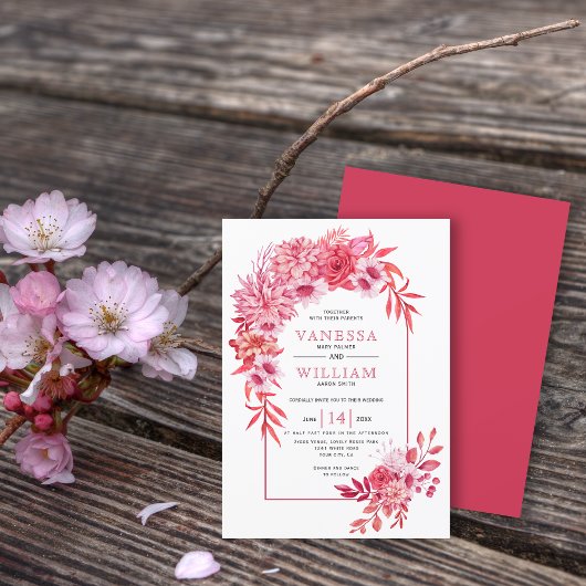 Invitation Arche avec fleurs rouges roses et mariage feuille