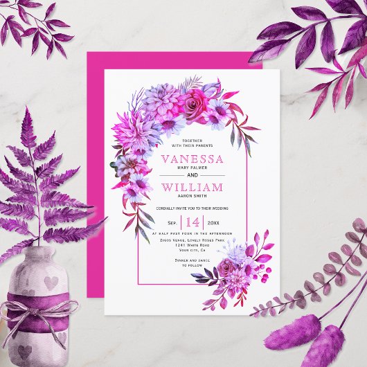 Invitation Arche avec magenta fleurs roses mariages floraux