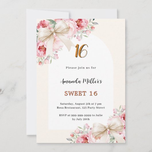 Invitation Arche beige florale rose arche Sweet 16 (Devant)