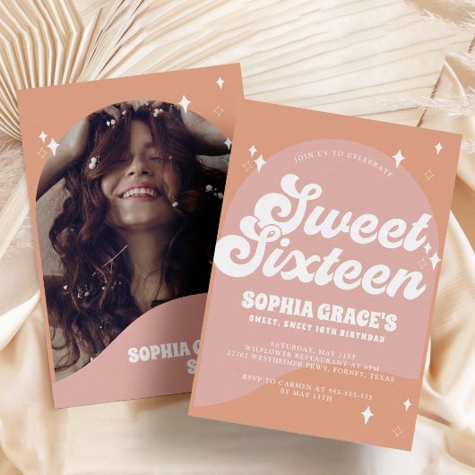 Invitation Arche Boho rose et orange & Photo Retro Sweet 16