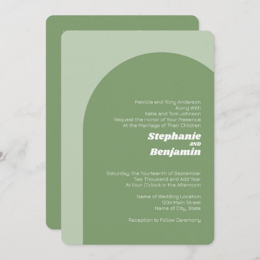Invitation Arche Boho Vert Sage - Mariage minimal (Devant / Derrière)