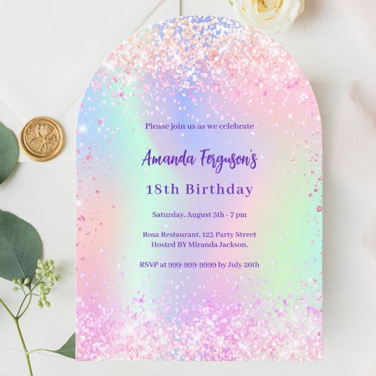 Invitation Arche d'anniversaire rose holographique violet
