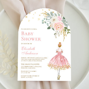 Invitation Arche de ballerine florale rose et or pour Baby Sh