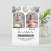 Invitation Arche de ballons argentés pour double anniversaire (Debout devant)
