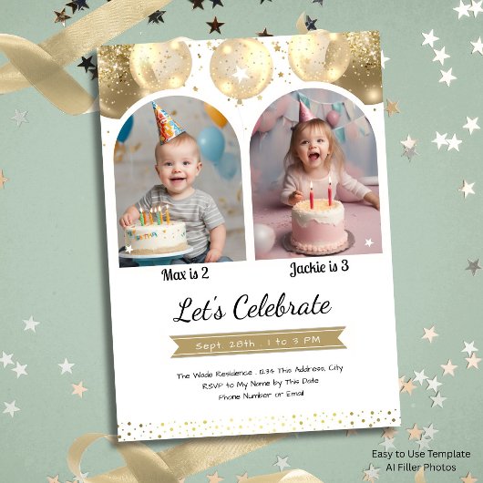 Invitation Arche de ballons dorés pour double anniversaire po