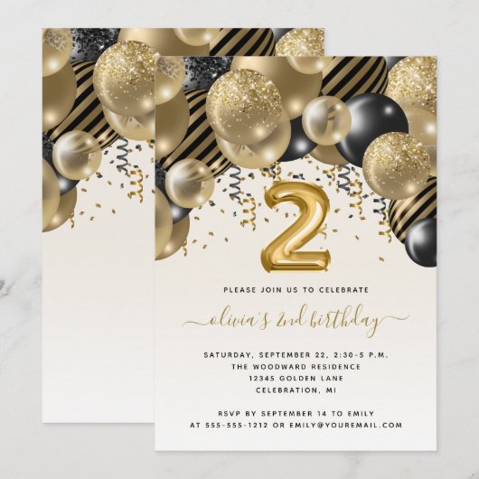 Invitation Arche de ballons noir or 2e anniversaire (Devant / Derrière)
