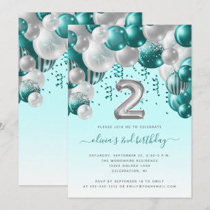 Invitation Arche de Ballons Turquoise Argent Filles 2ème Anni