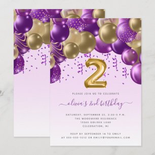 Invitation Arche de Ballons Violet Or Filles 2ème Anniversair
