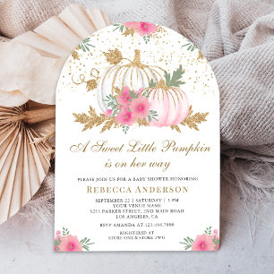 Invitation Arche de citrouille florale rose et or pour Baby S