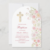 Invitation Arche de fleurs roses et pêche pour baptême (Devant)