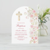 Invitation Arche de fleurs roses et pêche pour baptême (Debout devant)