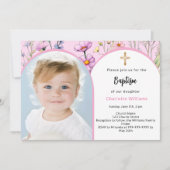 Invitation Arche de fleurs roses photo fille baptême (Devant)