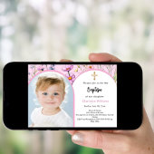 Invitation Arche de fleurs roses photo fille baptême