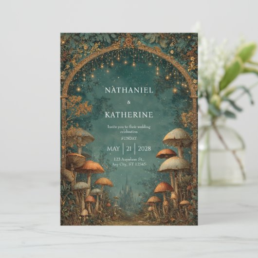 Invitation Arche de Forêt Mystique avec Mariage Vue Château (Debout devant)
