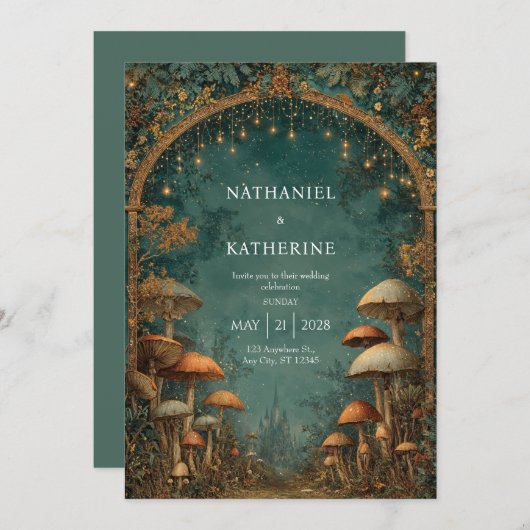 Invitation Arche de Forêt Mystique avec Mariage Vue Château (Devant / Derrière)