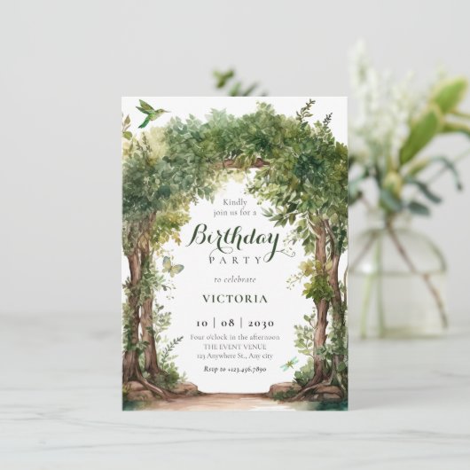 Invitation Arche de jardin vert feuille anniversaire (Debout devant)