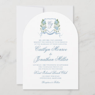 Invitation Arche de mariage à blason floral aquarelle bleu po