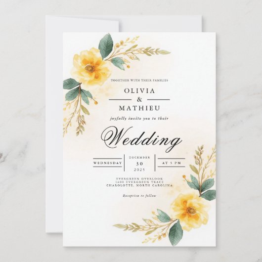 Invitation Arche de mariage Fleur Jaune Doré (Devant)