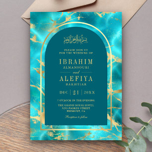 Invitation Arche de mariage musulmane Aqua Blue Gold Water