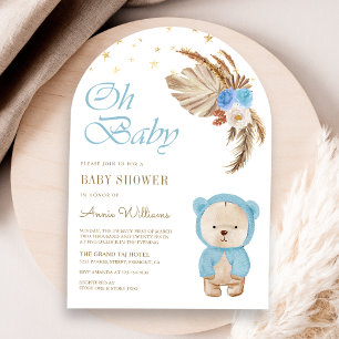 Invitation Arche de ours en peluche Pampas Fleurs Bleues Baby