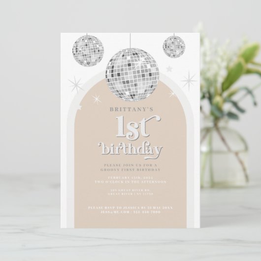 Invitation Arche de Parties scintillant Argent Retro Disco Pr (Debout devant)