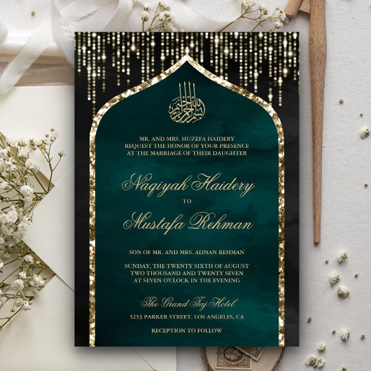 Invitation Arche de Parties scintillant en or noir et Turquoi