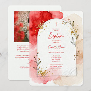 Invitation Arche de photo de baptême à l'aquarelle rouge LPM2