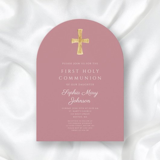 Invitation Arche de première communion moderne fille rose