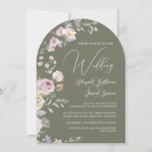 Invitation Arche de roses sur fond vert olive pour mariage ca (Devant)