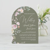 Invitation Arche de roses sur fond vert olive pour mariage ca (Debout devant)