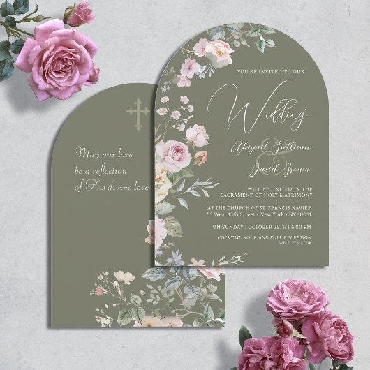 Invitation Arche de roses sur fond vert olive pour mariage ca