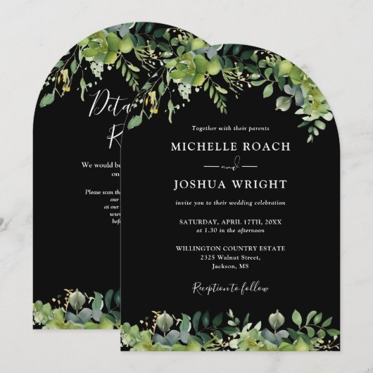 Invitation Arche de verdure Code QR noir et blanc Mariage (Devant / Derrière)