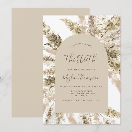 Invitation Arche d'herbe de Pampas Bohème pour une fête d'ann (Devant / Derrière)