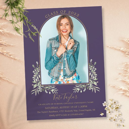 Invitation Arche d'or photo feuillage violet Graduation