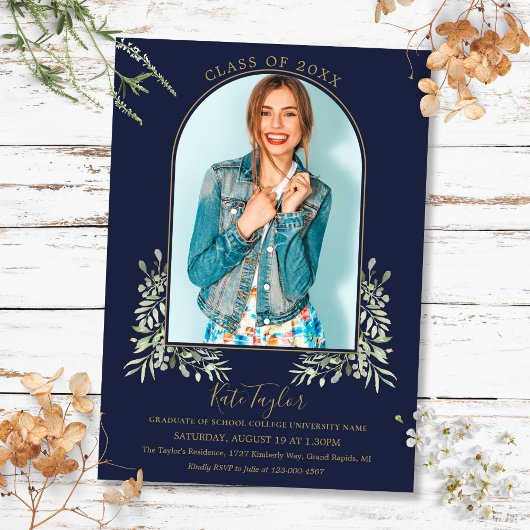 Invitation Arche d'or Photo Marine Blue Foliage Graduation