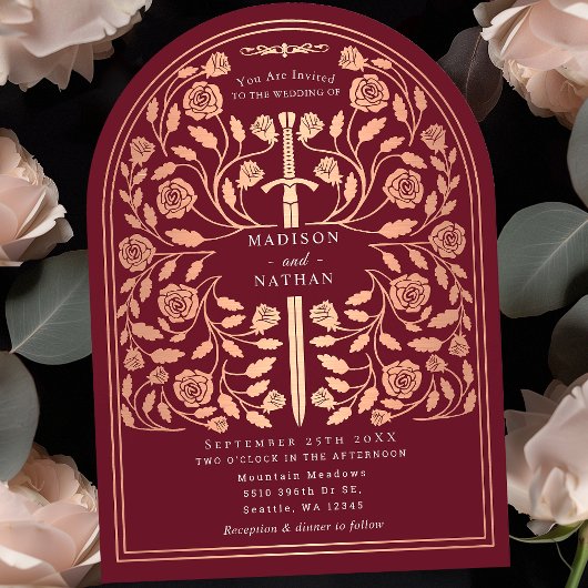 Invitation Arche du Mariage de l'épée d'or Rose rouge Royal